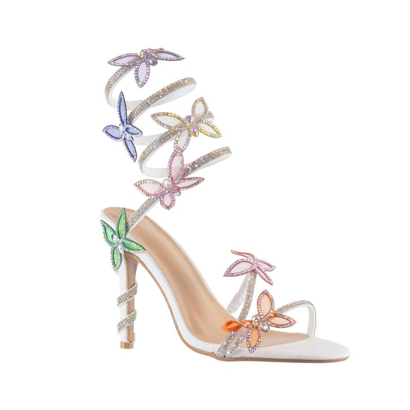 Game - Open Toe Elegant High Heel Sandals, Adjustable Spiral Coil Strap, Rhinestone Butterfly Accents, Glamorous Party Footwear, Eye-Catching Design