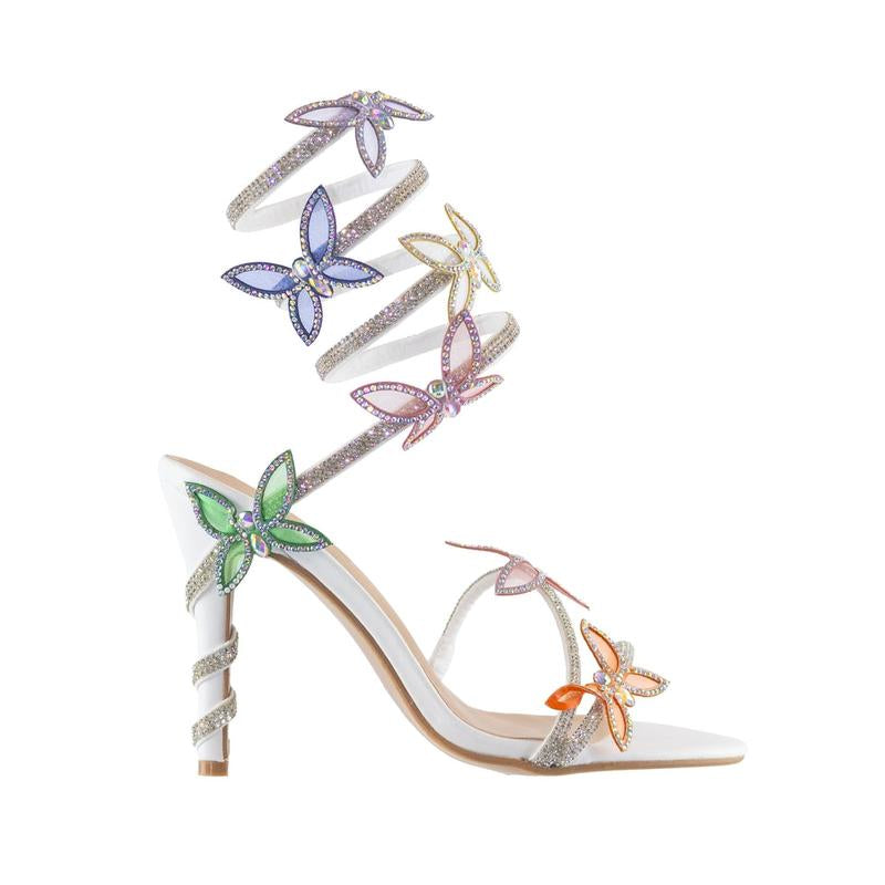 Game - Open Toe Elegant High Heel Sandals, Adjustable Spiral Coil Strap, Rhinestone Butterfly Accents, Glamorous Party Footwear, Eye-Catching Design